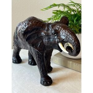 Vintage Leather Elephant Statue 14.5" Large Wood Figurine Mid Century Boho Decor